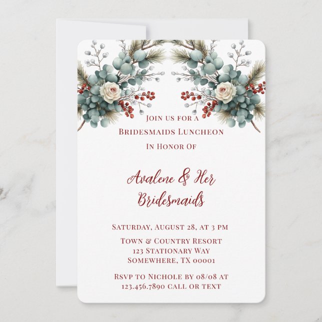 Invitación Invernadero Floral Rojo Rosa Blanca Bridesmaids Lu (Anverso)