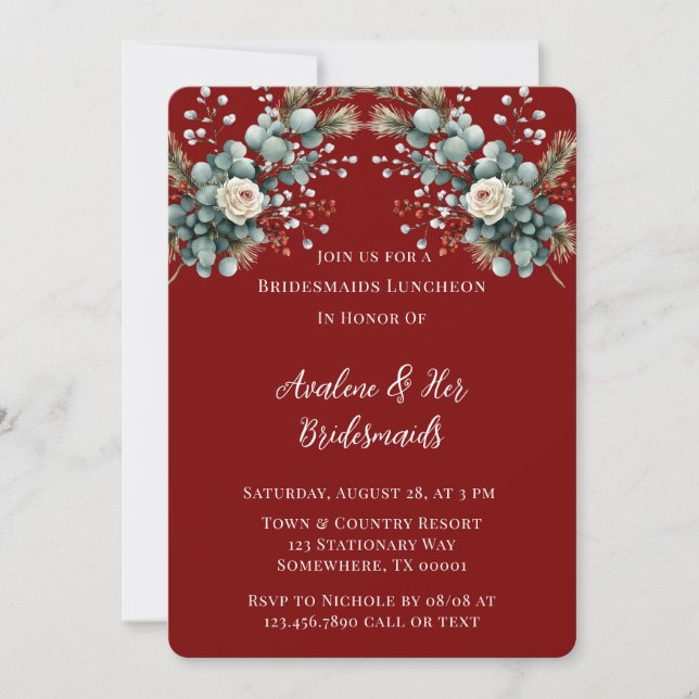 Invitación Invernadero Floral Rojo Rosa Blanca Bridesmaids Lu (Anverso)