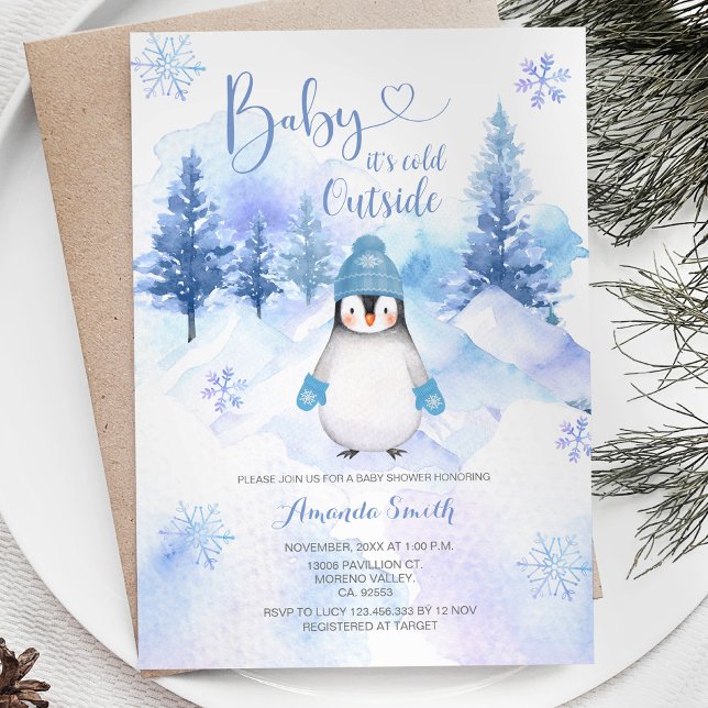 Invitación Invernadero Pingüino Snowflakes Silver Blue Baby S (Subido por el creador)