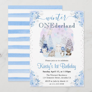 Invitación Invernal acuarela Animales Árticos Primer cumpleañ