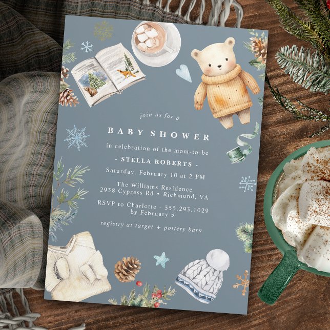 Invitación Invernal acuarela moderna Neutral Blue Baby Shower (Subido por el creador)