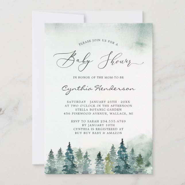 Invitación Invernal Baby Shower Elegant Moda Forest Pine Tree (Anverso)