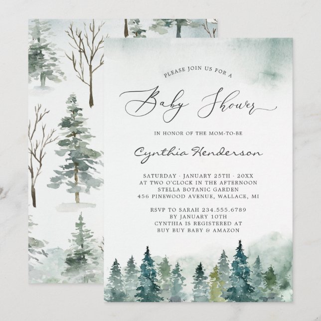 Invitación Invernal Baby Shower Elegant Moda Forest Pine Tree (Anverso / Reverso)