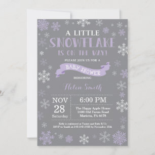 Invitación Invernal Baby Shower morado y copo de nieve gris y