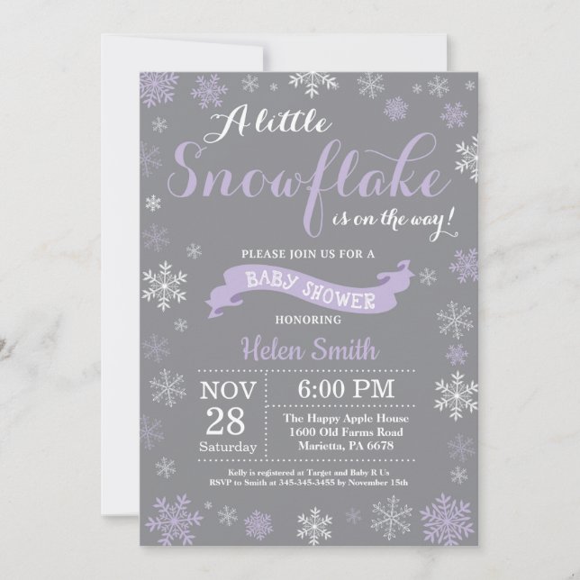 Invitación Invernal Baby Shower morado y copo de nieve gris y (Anverso)