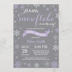 Invitación Invernal Baby Shower morado y copo de nieve gris y