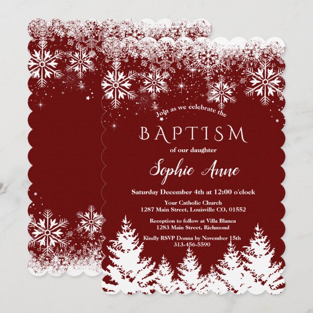 Invitación Invernal blanco copos de nieve Chica Purpurina roj (Anverso / Reverso)