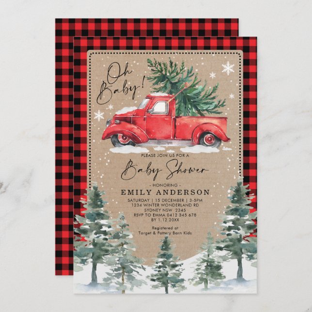 Invitación Invernal de nieve Baby Shower Red Truck Pine Tree (Anverso / Reverso)