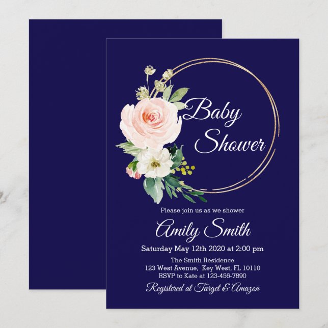 Invitación Inversión Baby Shower de Navy Blue Floral (Anverso / Reverso)