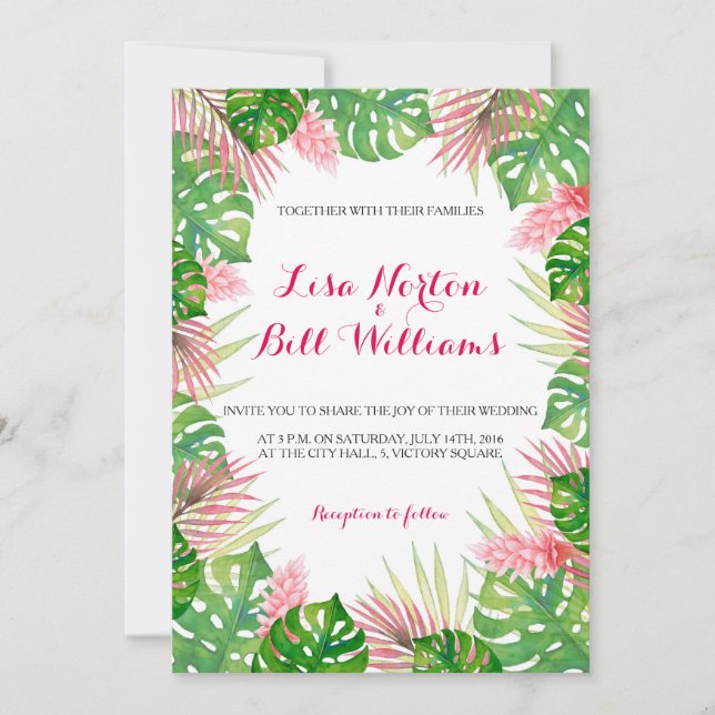 Invitación Inversión boda de las hojas tropicales de acuarela (Anverso)