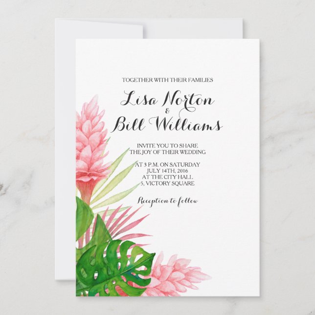 Invitación Inversión boda de las hojas tropicales de acuarela (Anverso)