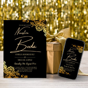 Invitación Inversión de Bodas de encaje de oro negro