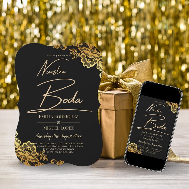 Invitación Inversión de Bodas de encaje de oro negro (Subido por el creador)