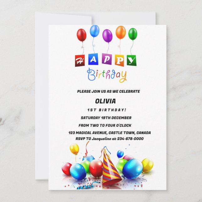 Invitación Inversión de cumpleaños con globos (Anverso)