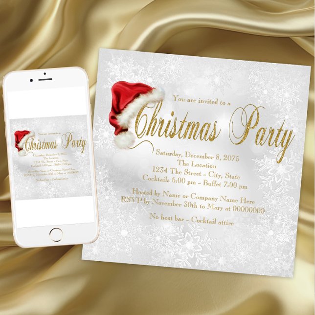 Invitación Inversión de Fiesta de Navidades de Snowflake de R (Red Santa Hat Snowflake Christmas Party. Instant download and printed invitations available.)