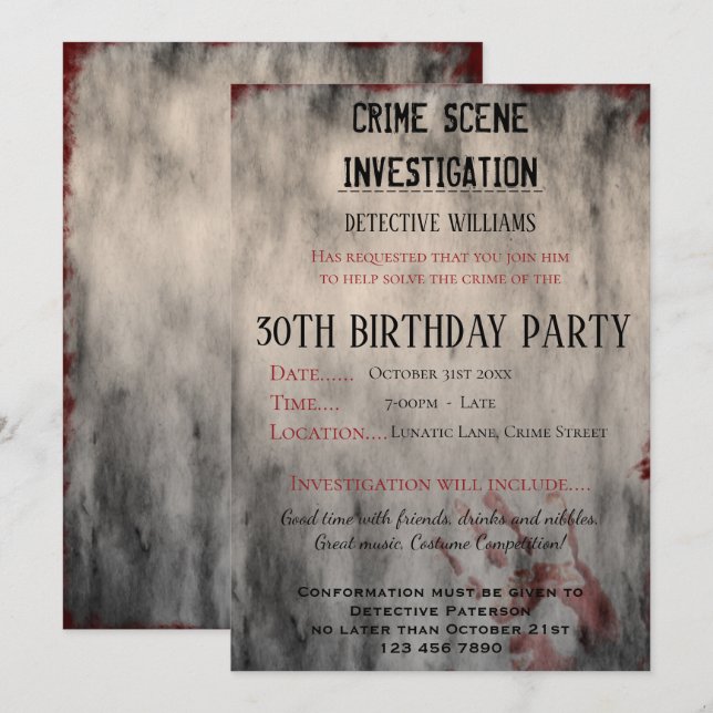 Invitación Investigación de la escena del crimen 30.º Fiesta  (Anverso / Reverso)