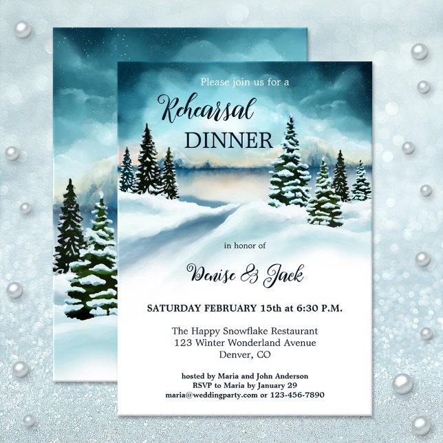 Invitación Invierno acuarela Wonderland Pine Test Dinner (Winter rehearsal dinner invitation featuring a watercolor winter wonderland scene with pine trees)