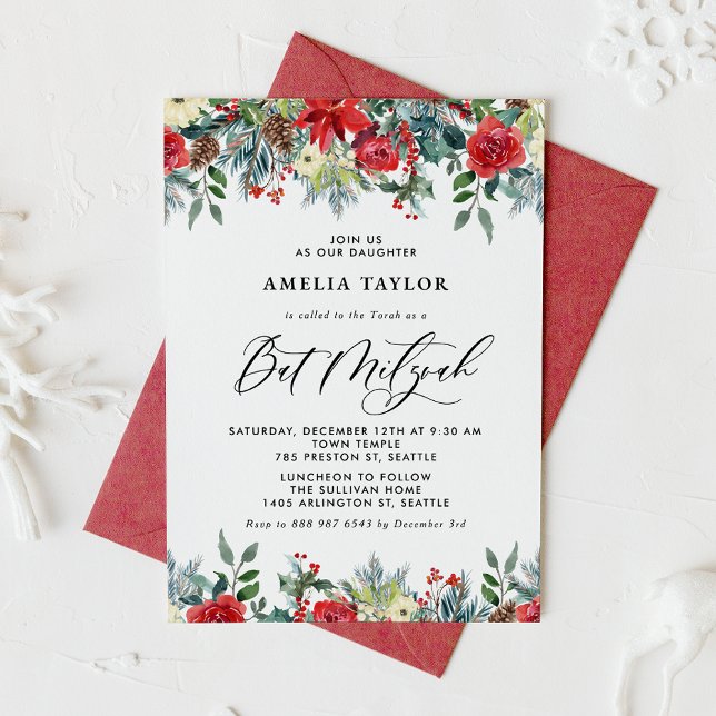 Invitación Invierno acuático florece bate floral Mitzvah (Subido por el creador)