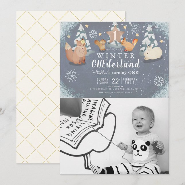 Invitación Invierno Animales de Onederland Foto Primer cumple (Anverso / Reverso)