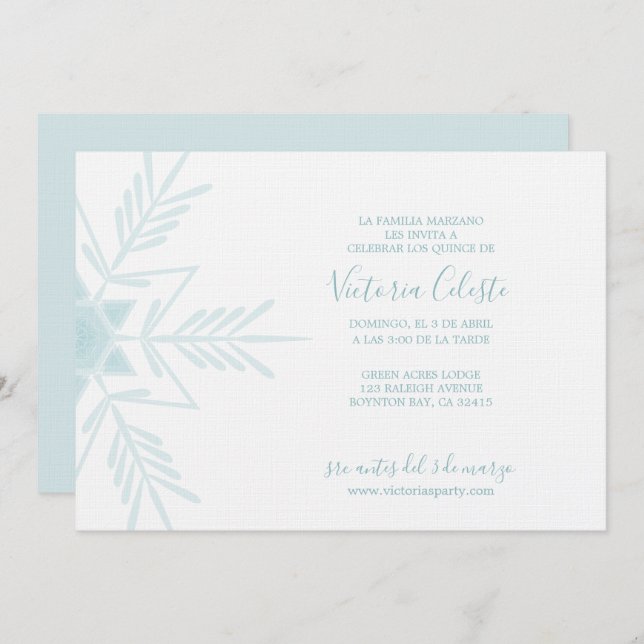 Invitación INVIERNO azul moderno ESPAÑOL WONDERLAND quinceañe (Anverso / Reverso)