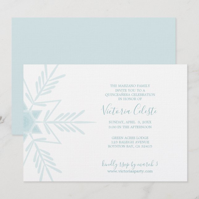 Invitación INVIERNO azul moderno INGLÉS WONDERLAND quinceañer (Anverso / Reverso)