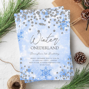 Invitación Invierno azul plateado festivo ONEDERLAND 1º cumpl