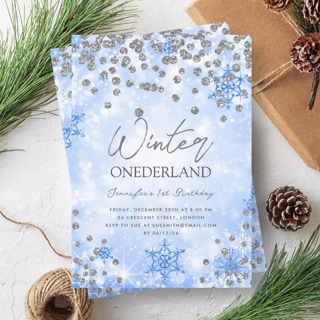 Invitación Invierno azul plateado festivo ONEDERLAND 1º cumpl (Festive Silver Blue Winter ONEDERLAND 1st Birthday Invitation)