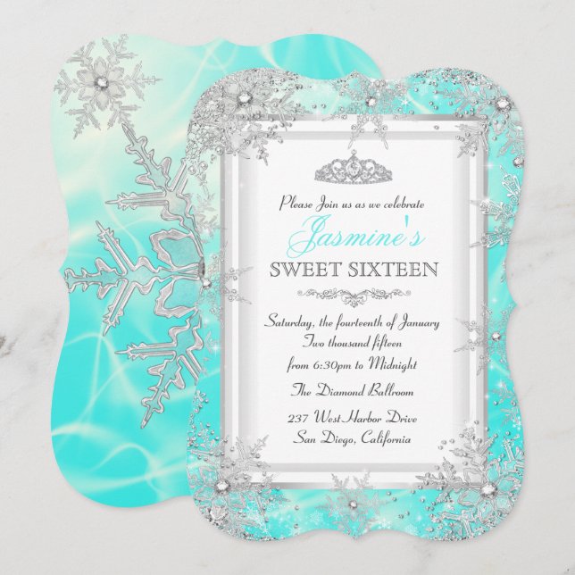 Invitación Invierno Azul Teal Plata Dulces 16 Fiesta (Anverso / Reverso)
