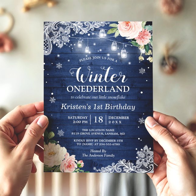 Invitación Invierno Azul Terreño Bebé Floral Primer Cumpleaño (Subido por el creador)