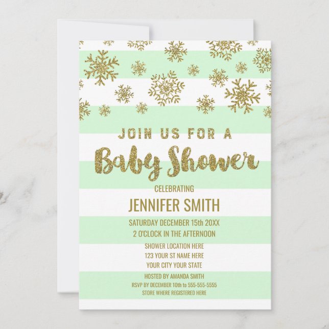 Invitación Invierno Baby Shower Mint Stripes Copos de nieve d (Anverso)