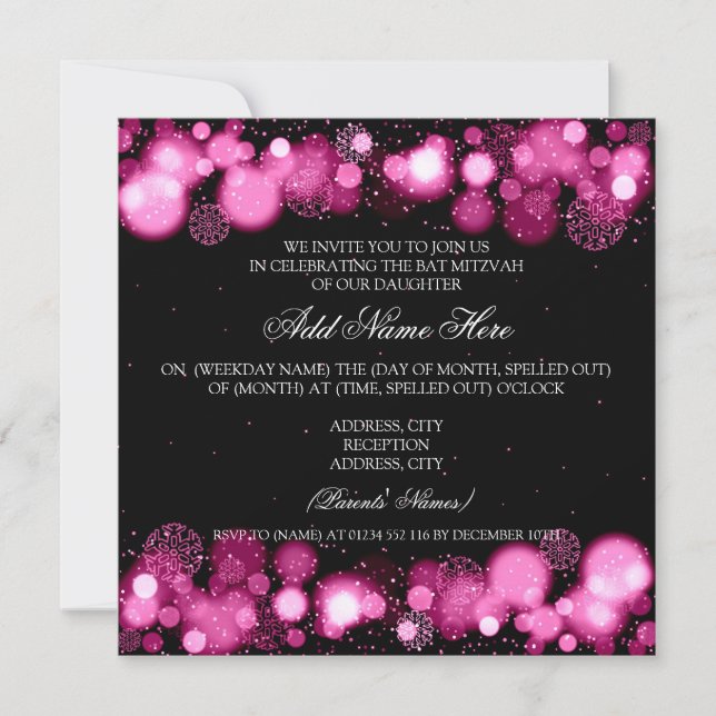 Invitación Invierno Bat Mitzvah Luces de copos de nieve rosa (Anverso)