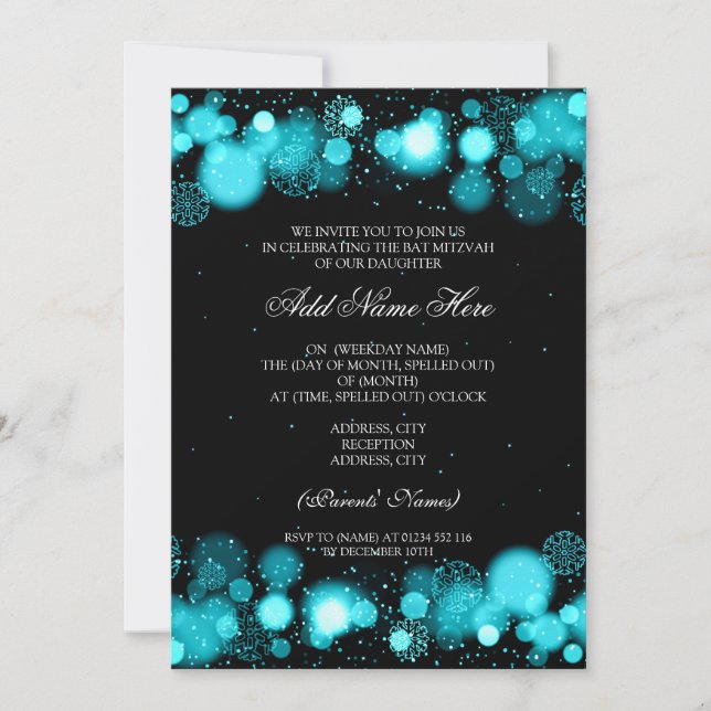 Invitación Invierno Bat Mitzvah Turquoise Snowflakes Luces (Anverso)
