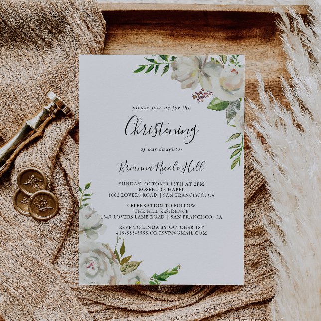 Invitación Invierno Blanco Peony Floral Christening (Subido por el creador)
