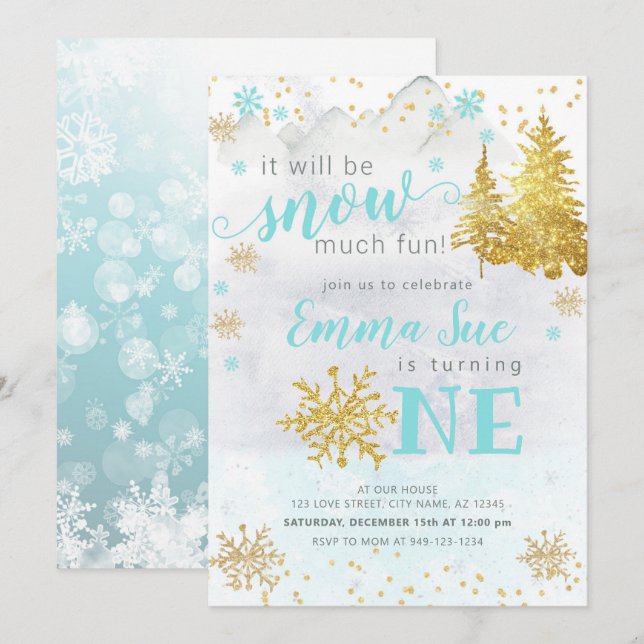 Invitación Invierno Blue Snowflake Nieve Mucho divertido Cump (Anverso / Reverso)