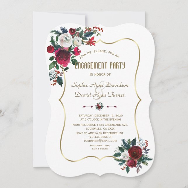 Invitación Invierno Burgundy Floral Pine Gold Engagement Part (Anverso)