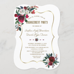 Invitación Invierno Burgundy Floral Pine Gold Engagement Part