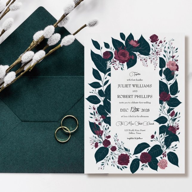 Invitación Invierno Burgundy Green Floral Leaves Boda (Subido por el creador)