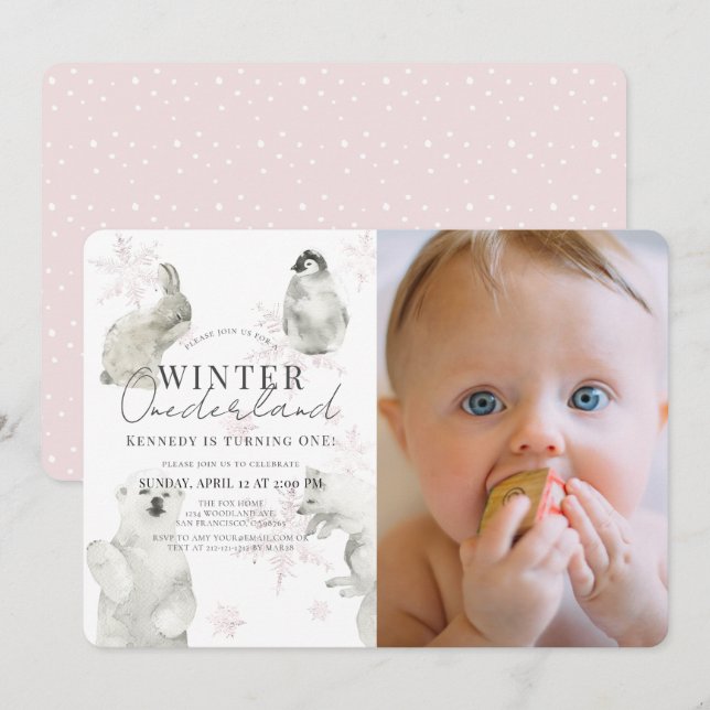 Invitación Invierno Chica de Animales Árticos de la Tierra de (Anverso / Reverso)