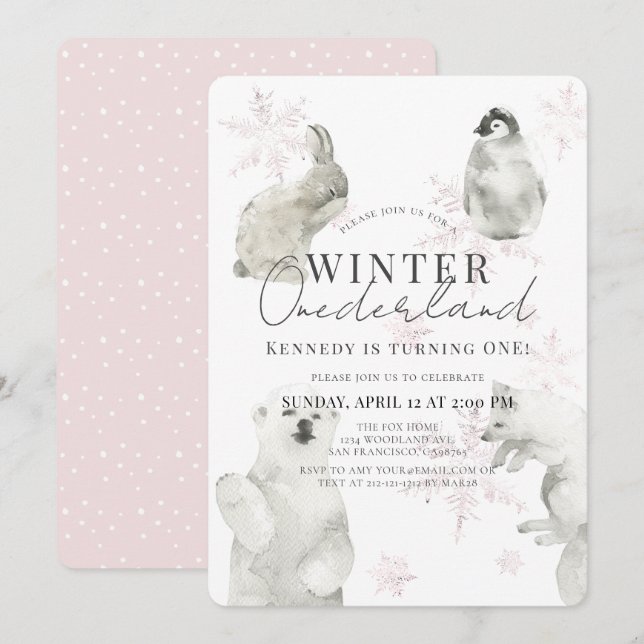 Invitación Invierno Chica de Animales Árticos de la Tierra de (Anverso / Reverso)