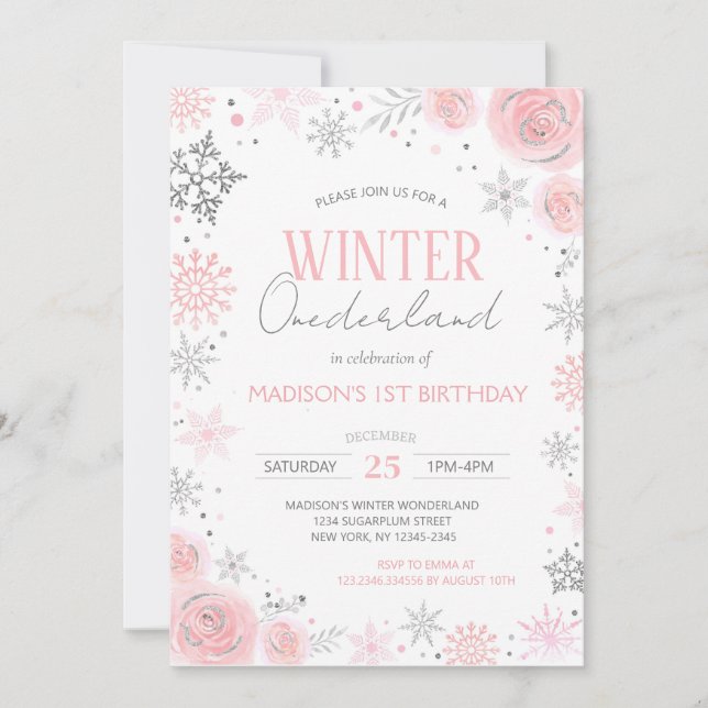 Invitación Invierno Chica de Onederland Primer cumpleaños (Anverso)