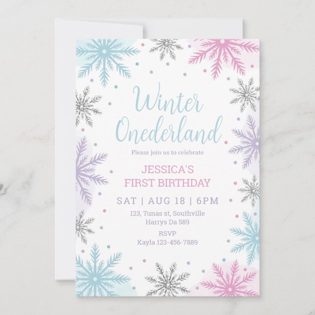 Invitación Invierno Chica de Onederland Primer cumpleaños (Anverso)