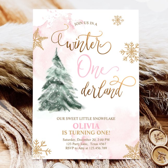 Invitación Invierno Chica de Oro Rosado Primer Cumpleaños Inv (Subido por el creador)