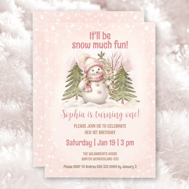Invitación Invierno Chica de Snowman Rosa Viejo Primer Cumple (Winter Pink Vintage Snowman Birthday Invitation)