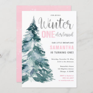 Invitación Invierno chica Onederland rosa plata primer cumple