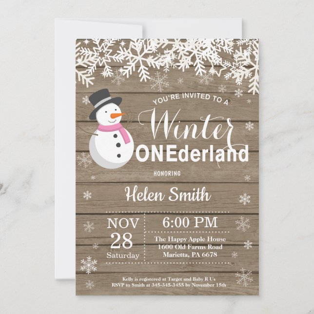 Invitación Invierno Chica Rústico de Snowman en Onederland Pr (Anverso)