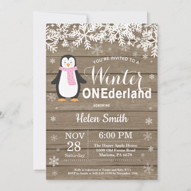 Invitación Invierno Chica Rústico Pingüino de Onederland Prim (Anverso)