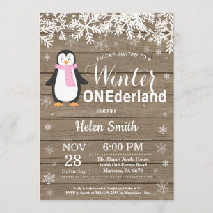 Invitación Invierno Chica Rústico Pingüino de Onederland Prim