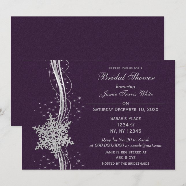 Invitación invierno copo de nieve plata púrpura ducha de novi (Anverso / Reverso)
