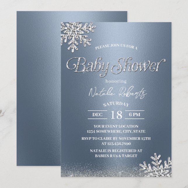 Invitación Invierno copos de nieve Baby Shower azul turbio mo (Anverso / Reverso)