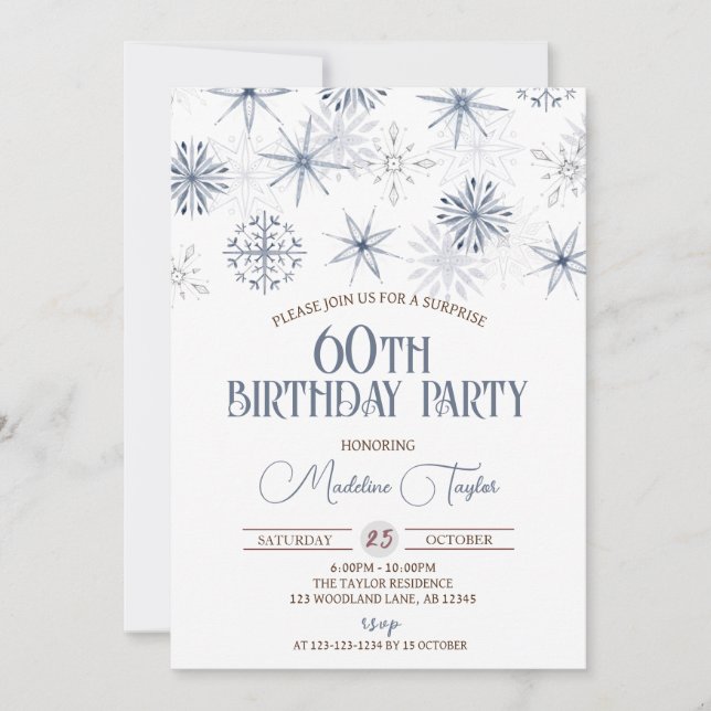 Invitación Invierno Copos de Nieve Cumpleaños 60 (Anverso)